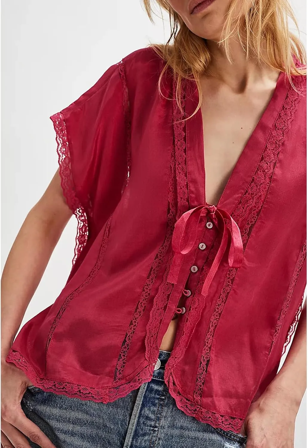 Women Y2k Sheer Lace Trim Button Up Tank Tops Cute Front Tie Up V Neck Going Out Blouse Shirts Vest Summer