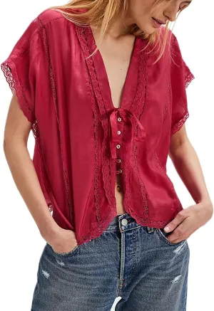 Women Y2k Sheer Lace Trim Button Up Tank Tops Cute Front Tie Up V Neck Going Out Blouse Shirts Vest Summer