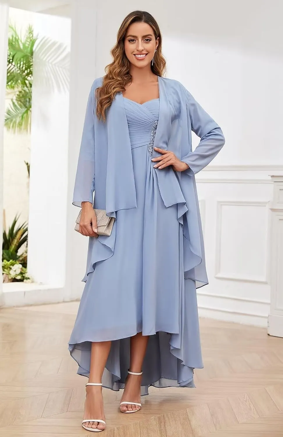 Women's 2 Piece Mother of The Bride Dresses with Jacket Tea Length High Low Lace Applique Formal Dresses