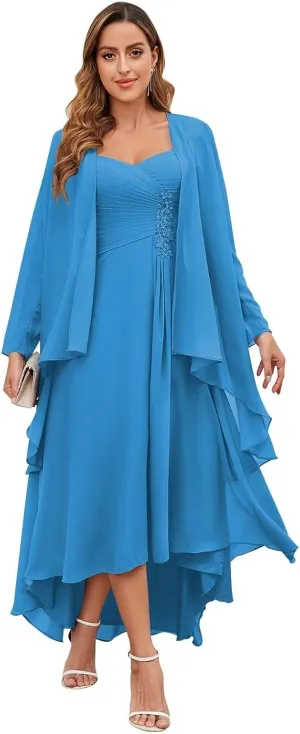 Women's 2 Piece Mother of The Bride Dresses with Jacket Tea Length High Low Lace Applique Formal Dresses
