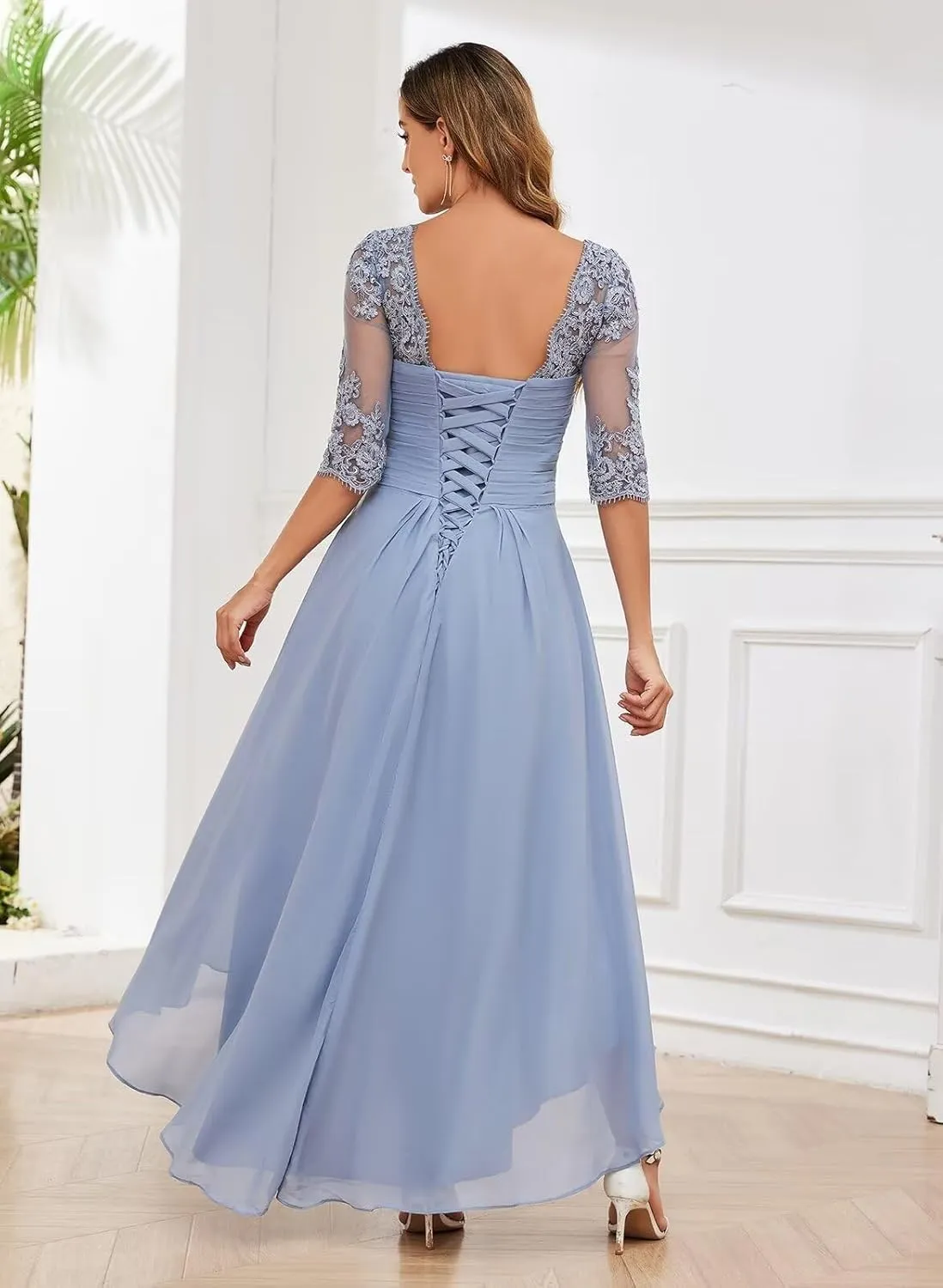 Women's 2 Piece Mother of The Bride Dresses with Jacket Tea Length High Low Lace Applique Formal Dresses
