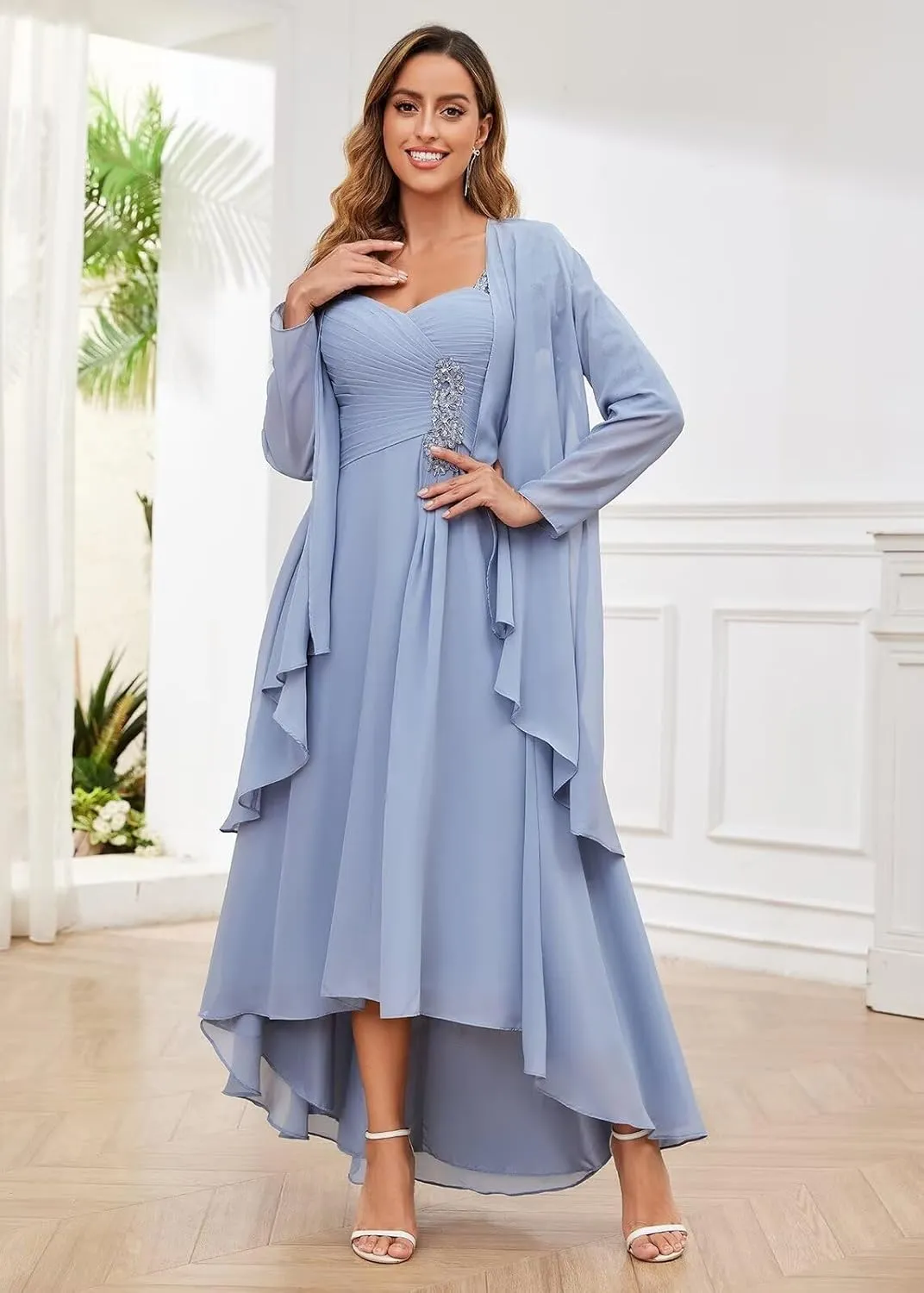 Women's 2 Piece Mother of The Bride Dresses with Jacket Tea Length High Low Lace Applique Formal Dresses