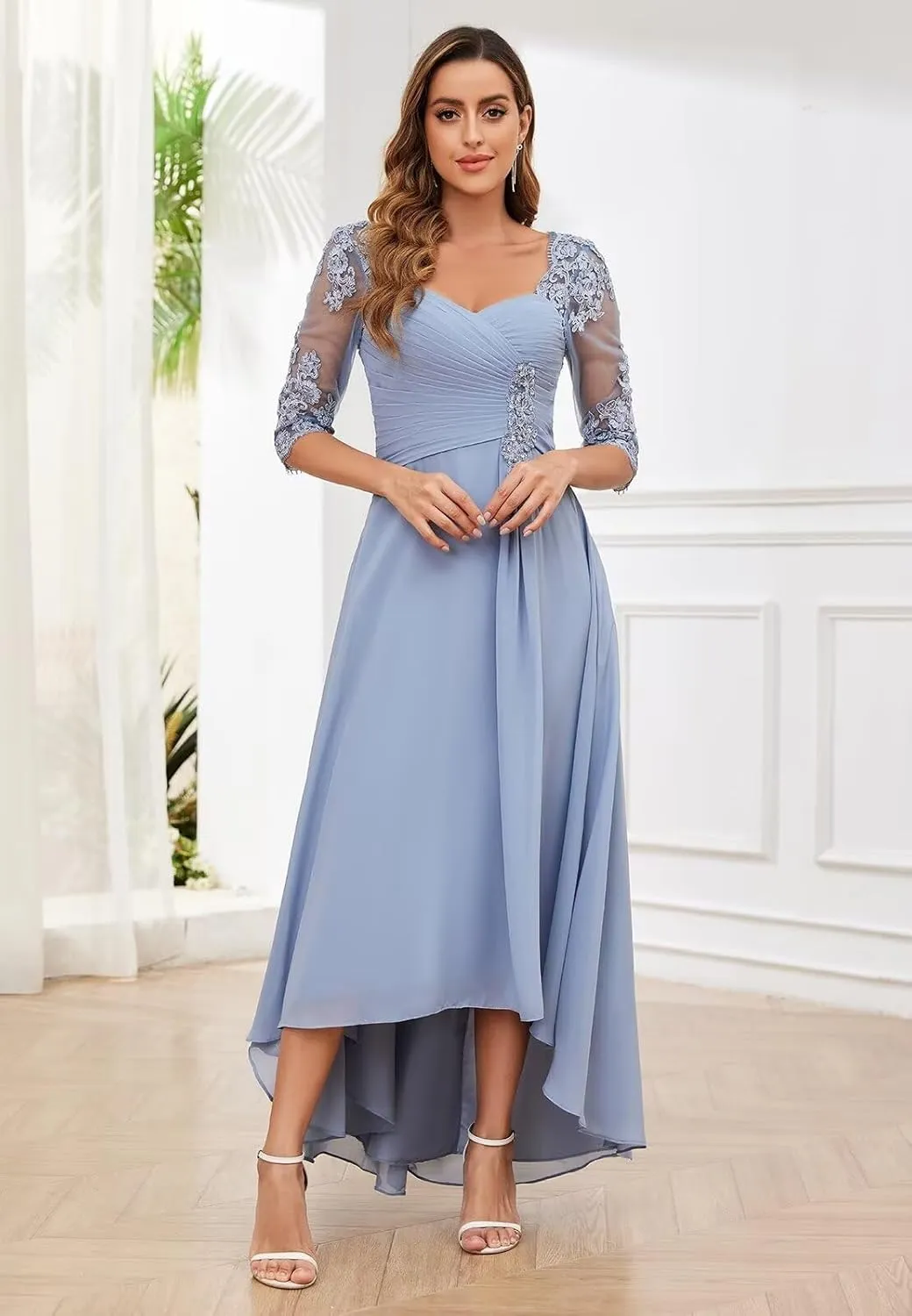 Women's 2 Piece Mother of The Bride Dresses with Jacket Tea Length High Low Lace Applique Formal Dresses
