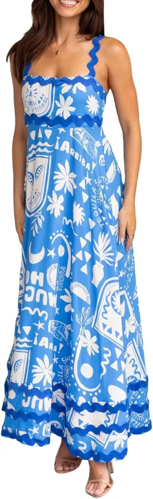 Women's 2024 Summer Boho Spaghetti Straps Sleeveless Backless Sundress Flowy Smocked Swing A Line Midi Dress