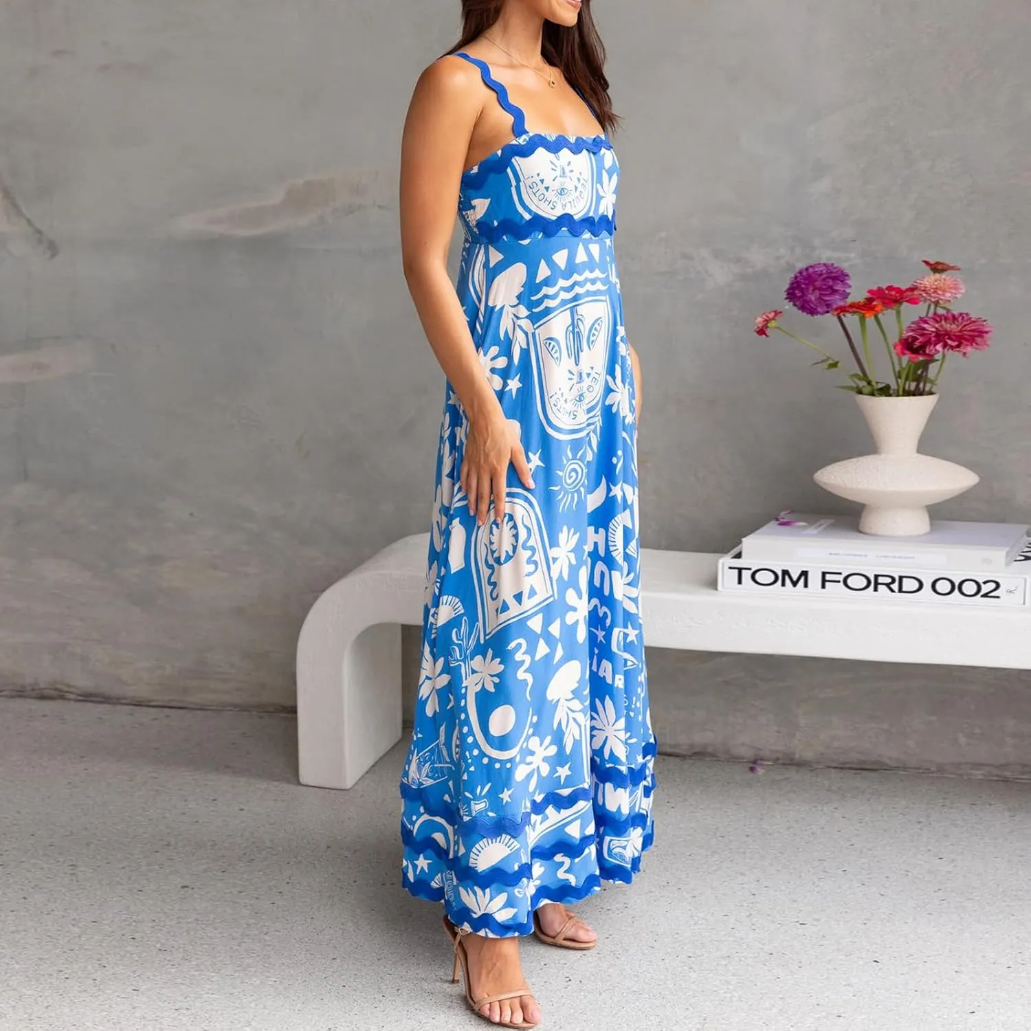 Women's 2024 Summer Boho Spaghetti Straps Sleeveless Backless Sundress Flowy Smocked Swing A Line Midi Dress