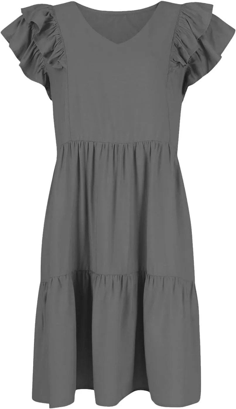 Womens 2024 Summer V-Neck Sleeveless Ruffle Fashion Casual Fit Flowy Tiered Boho Swing Mini Beach Vacation Sundress
