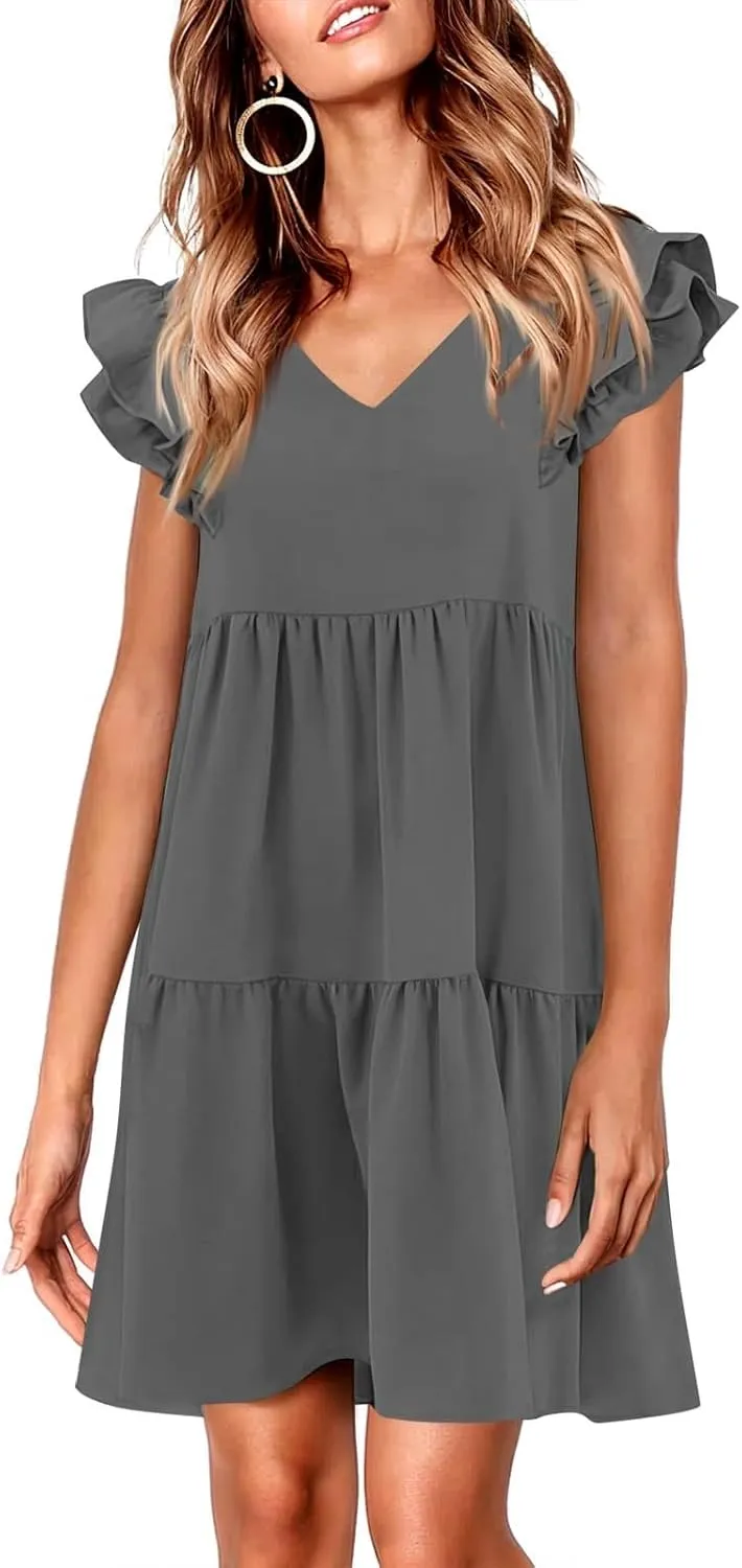 Womens 2024 Summer V-Neck Sleeveless Ruffle Fashion Casual Fit Flowy Tiered Boho Swing Mini Beach Vacation Sundress