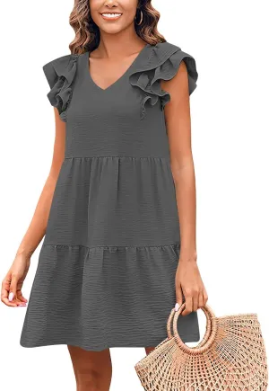 Womens 2024 Summer V-Neck Sleeveless Ruffle Fashion Casual Fit Flowy Tiered Boho Swing Mini Beach Vacation Sundress