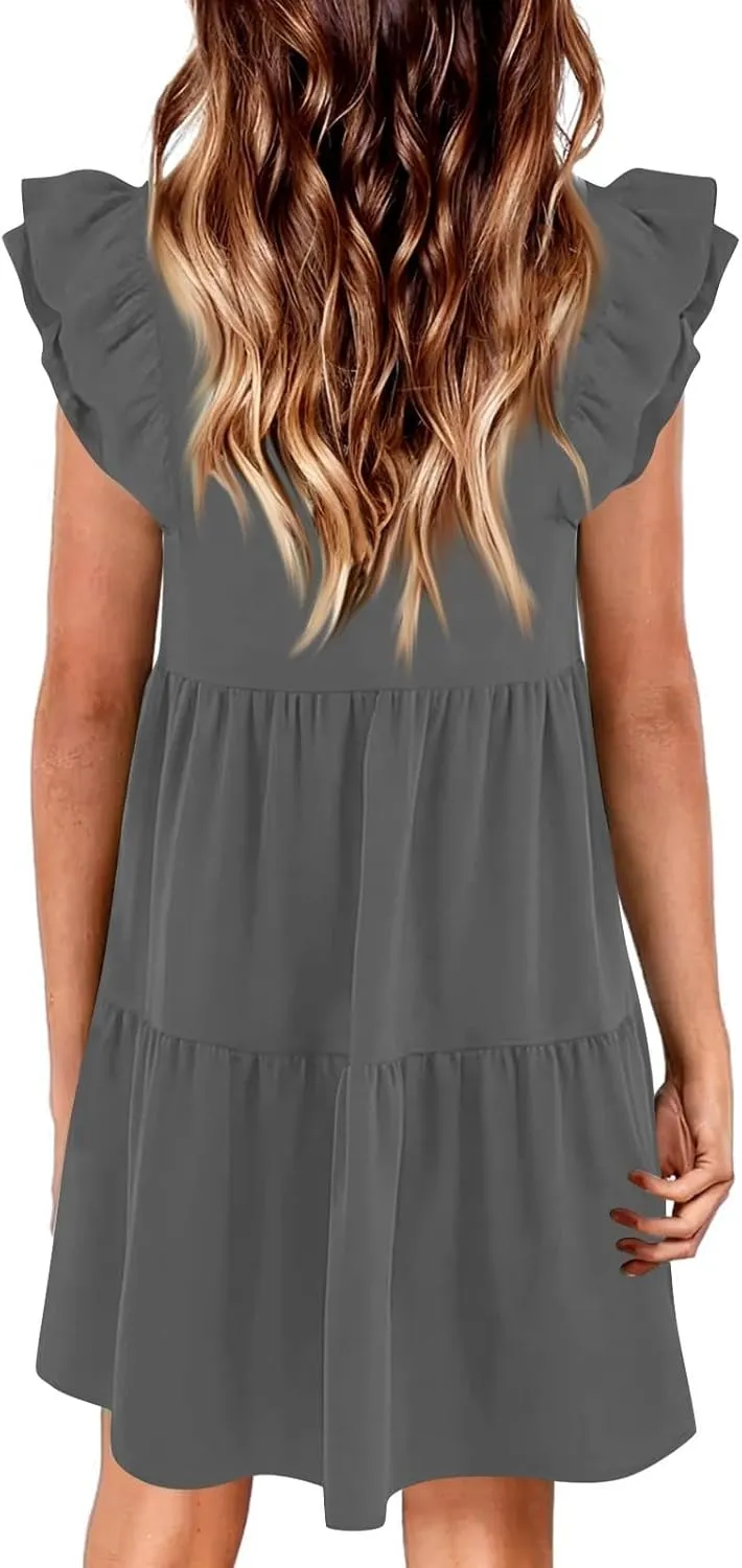 Womens 2024 Summer V-Neck Sleeveless Ruffle Fashion Casual Fit Flowy Tiered Boho Swing Mini Beach Vacation Sundress