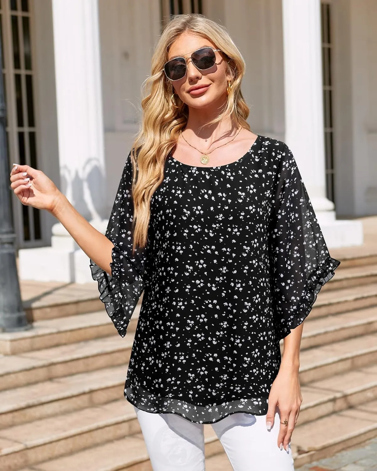 Women's 3/4 Ruffle Sleeve Blouse Tops Double Layers Flowy Shirts Elegant Chiffon Blouses