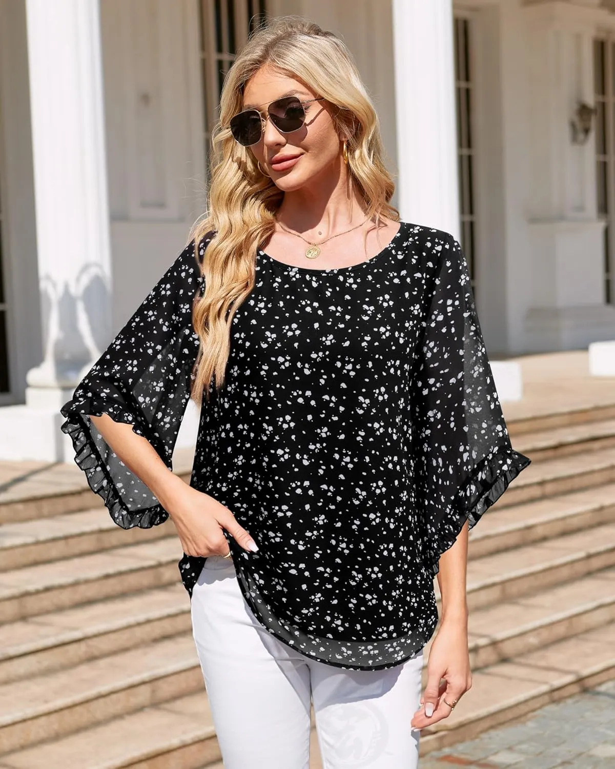 Women's 3/4 Ruffle Sleeve Blouse Tops Double Layers Flowy Shirts Elegant Chiffon Blouses