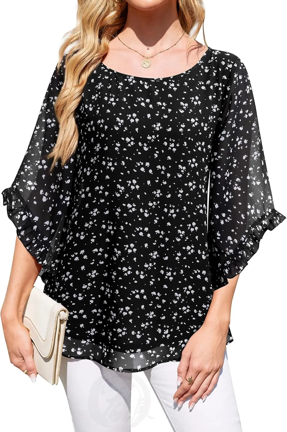 Women's 3/4 Ruffle Sleeve Blouse Tops Double Layers Flowy Shirts Elegant Chiffon Blouses