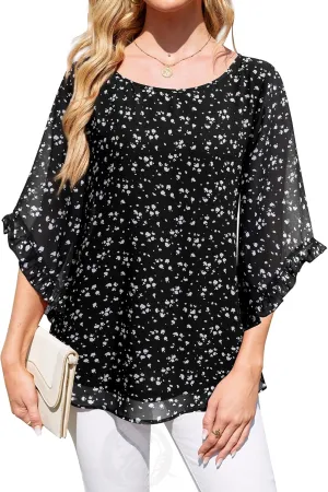 Women's 3/4 Ruffle Sleeve Blouse Tops Double Layers Flowy Shirts Elegant Chiffon Blouses