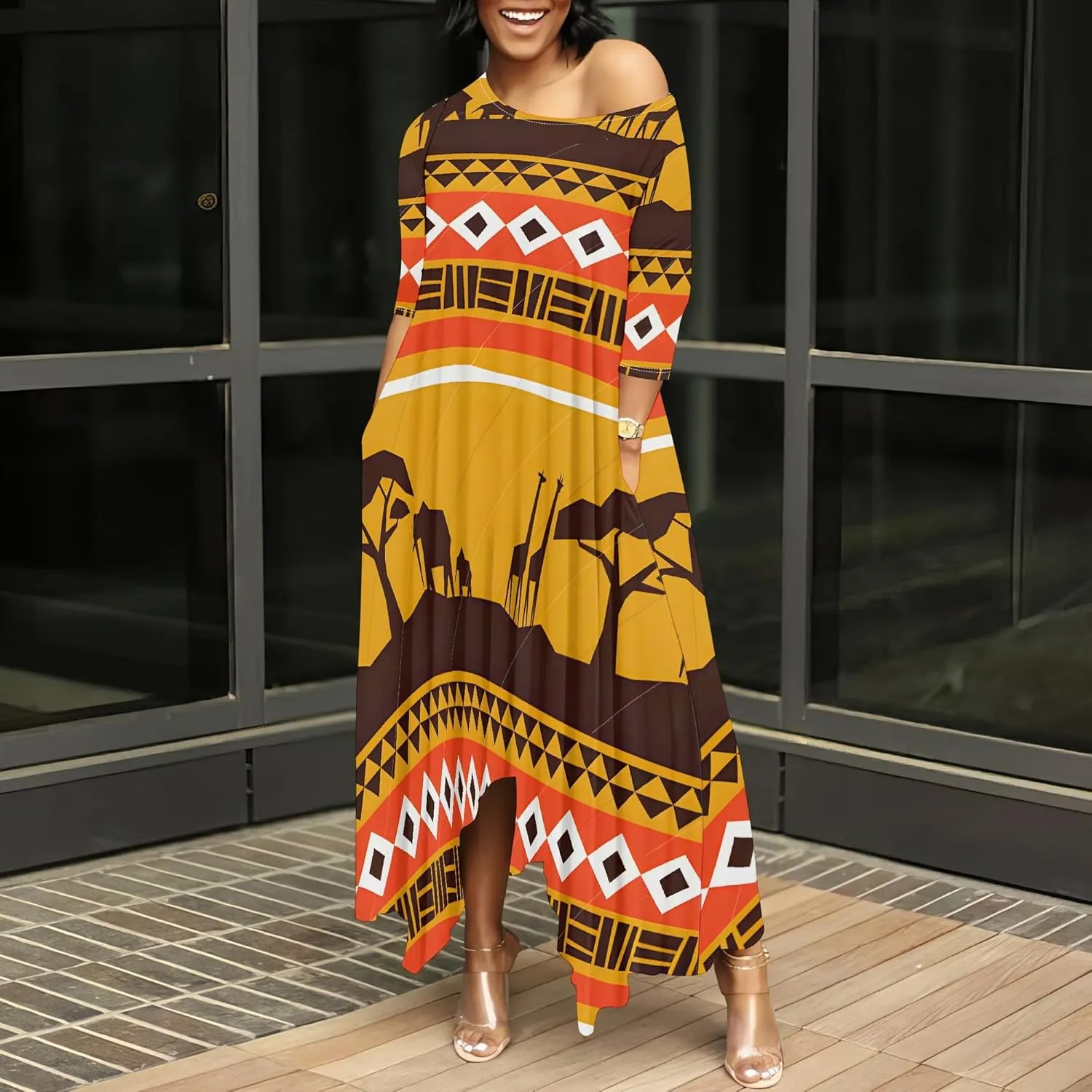 Women's 3/4 Sleeve Collarless Dress Women's Loose Plus Size Maxi Dress Sexy Off Shoulder Casual Home Nightdress