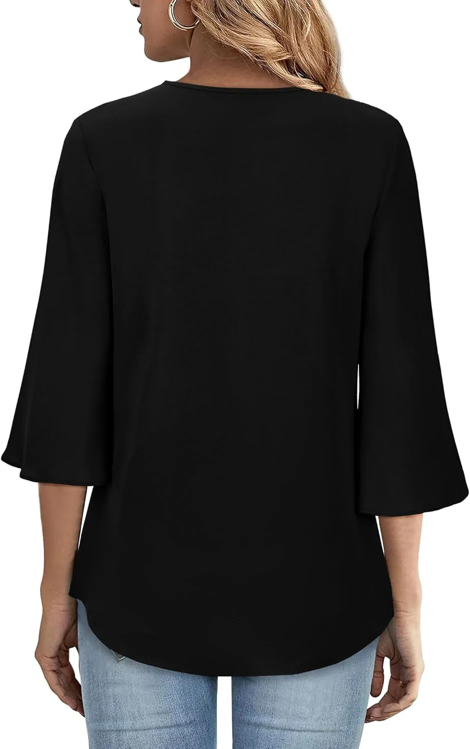 Women's 3/4 Sleeve Tops Pleated V Neck Business Casual Chffion Blouses Dressy Office Work Shirts Loose Fit Tunics