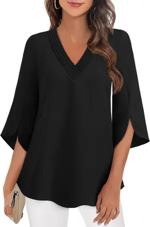 Women's 3/4 Sleeve Tops Pleated V Neck Business Casual Chffion Blouses Dressy Office Work Shirts Loose Fit Tunics
