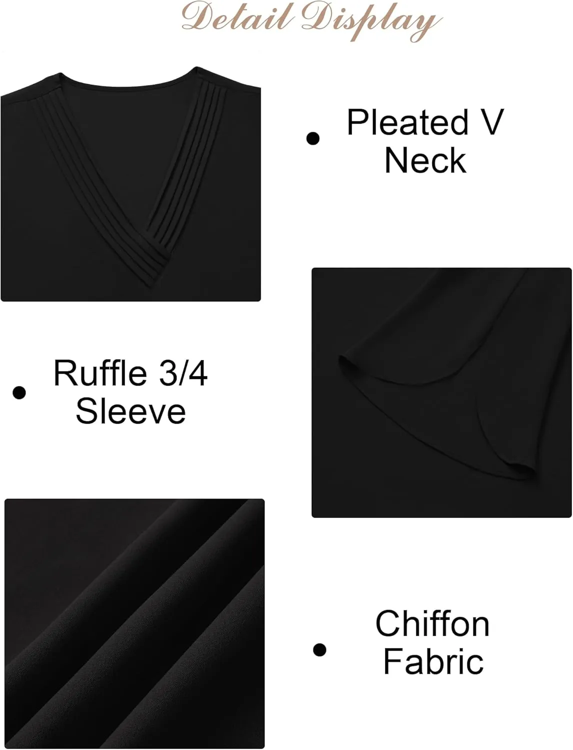 Women's 3/4 Sleeve Tops Pleated V Neck Business Casual Chffion Blouses Dressy Office Work Shirts Loose Fit Tunics