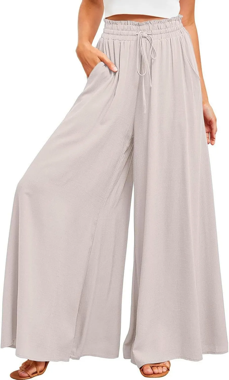 Women's Baggy Pants Flowy Casual Wide Leg Pants Elastic Drawstring High Waisted Skirt Pants Comfy Trousers