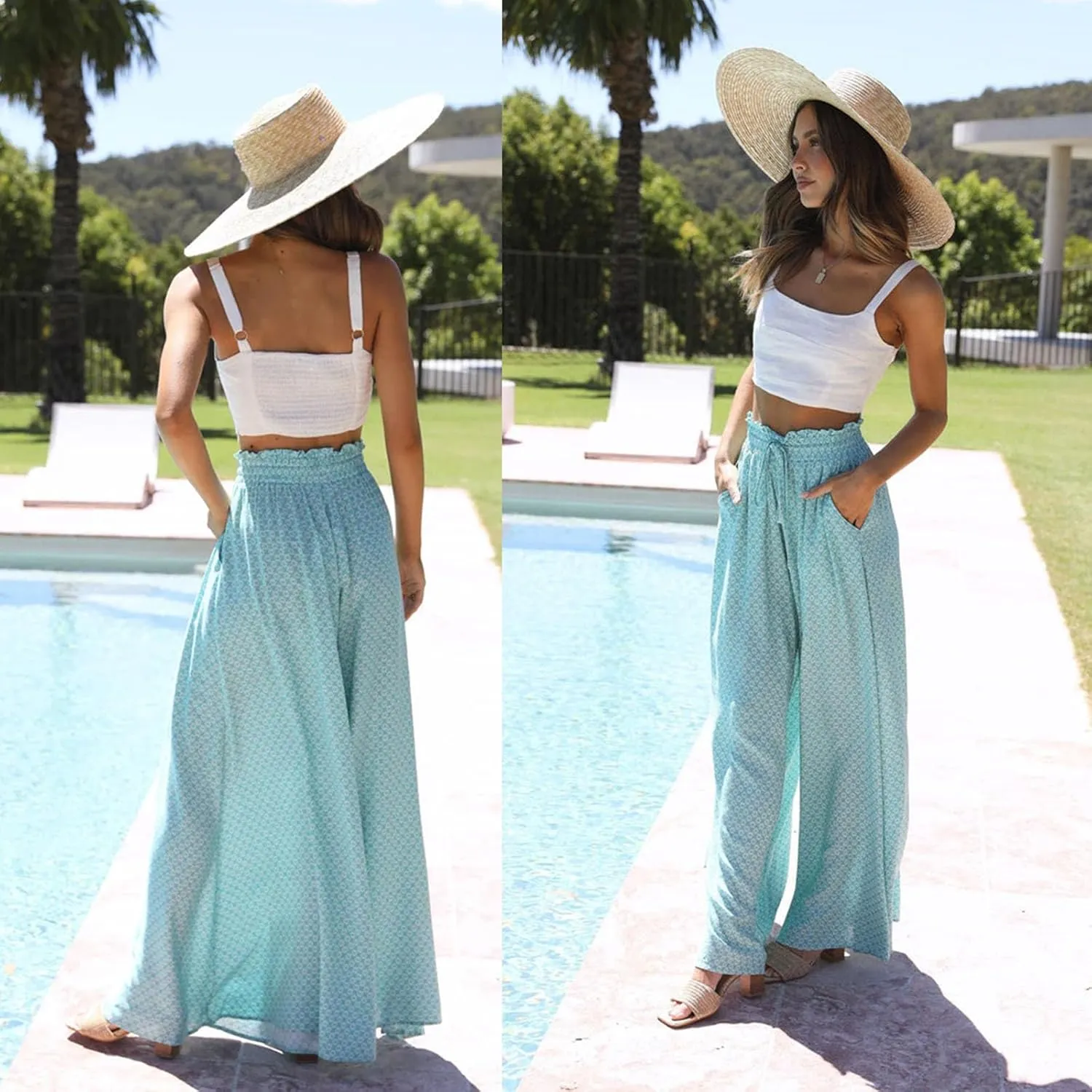 Women's Baggy Pants Flowy Casual Wide Leg Pants Elastic Drawstring High Waisted Skirt Pants Comfy Trousers