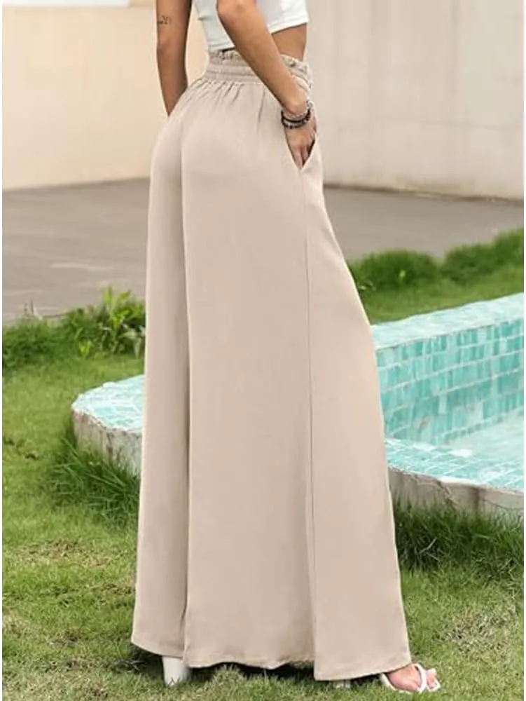 Women's Baggy Pants Flowy Casual Wide Leg Pants Elastic Drawstring High Waisted Skirt Pants Comfy Trousers