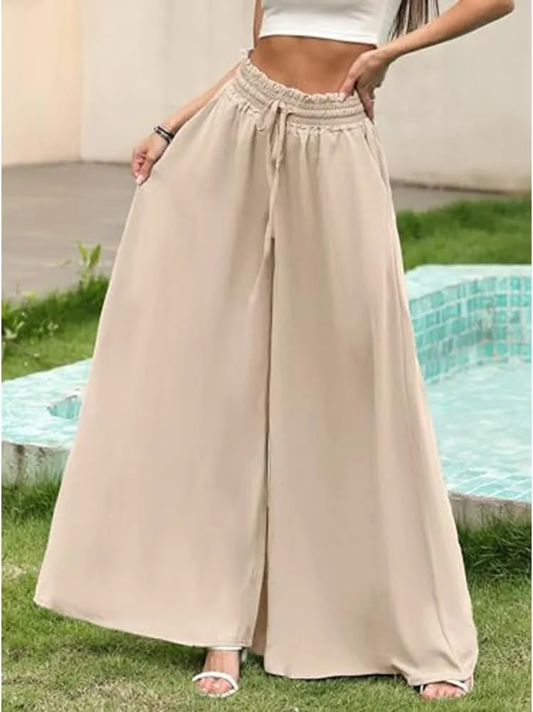 Women's Baggy Pants Flowy Casual Wide Leg Pants Elastic Drawstring High Waisted Skirt Pants Comfy Trousers