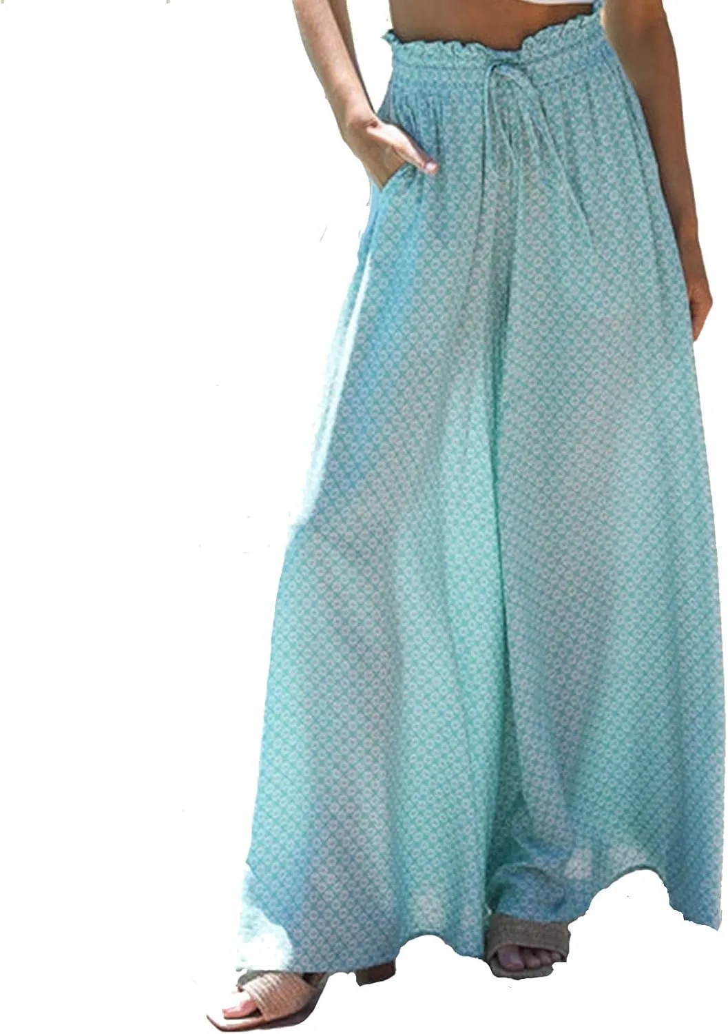 Women's Baggy Pants Flowy Casual Wide Leg Pants Elastic Drawstring High Waisted Skirt Pants Comfy Trousers