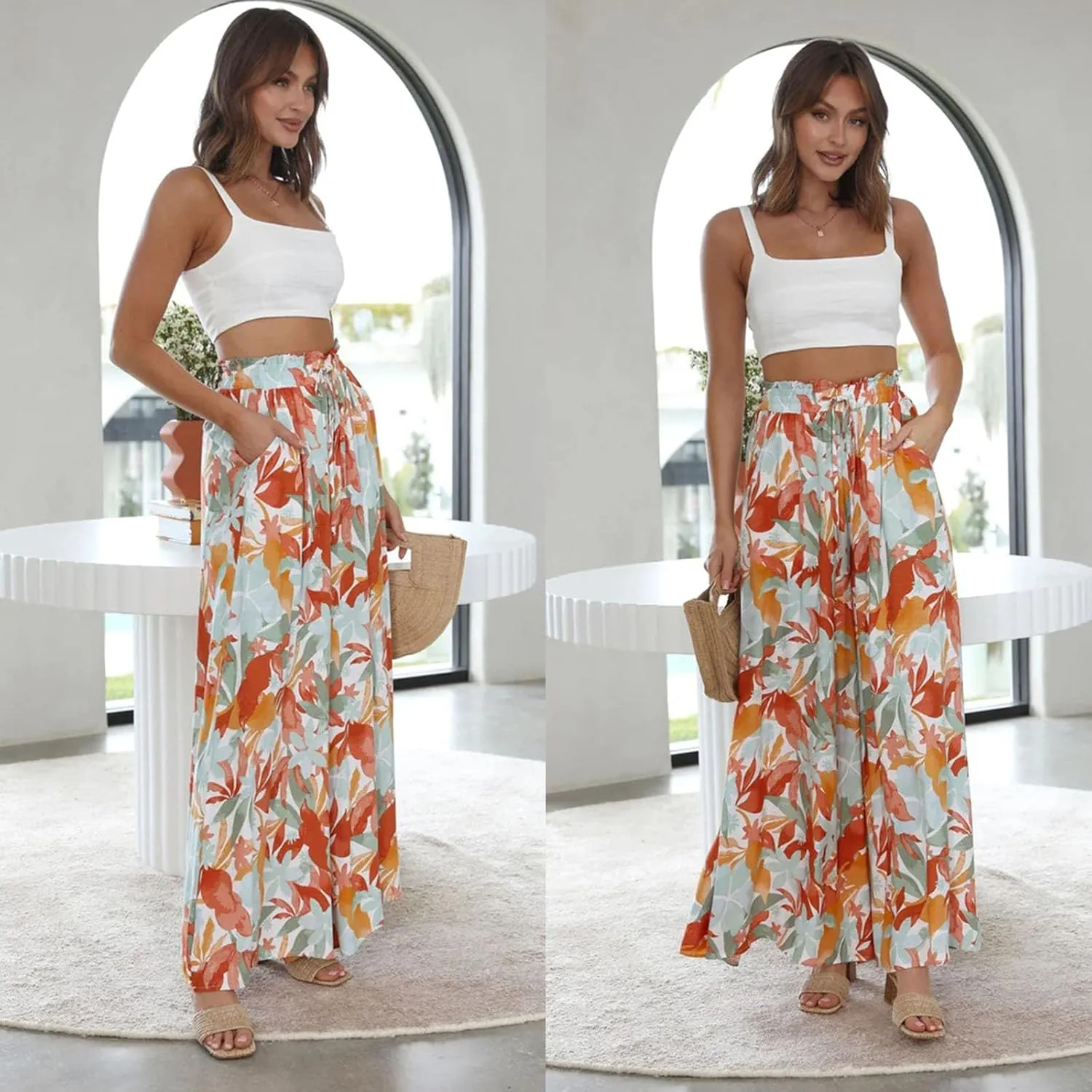 Women's Baggy Pants Flowy Casual Wide Leg Pants Elastic Drawstring High Waisted Skirt Pants Comfy Trousers