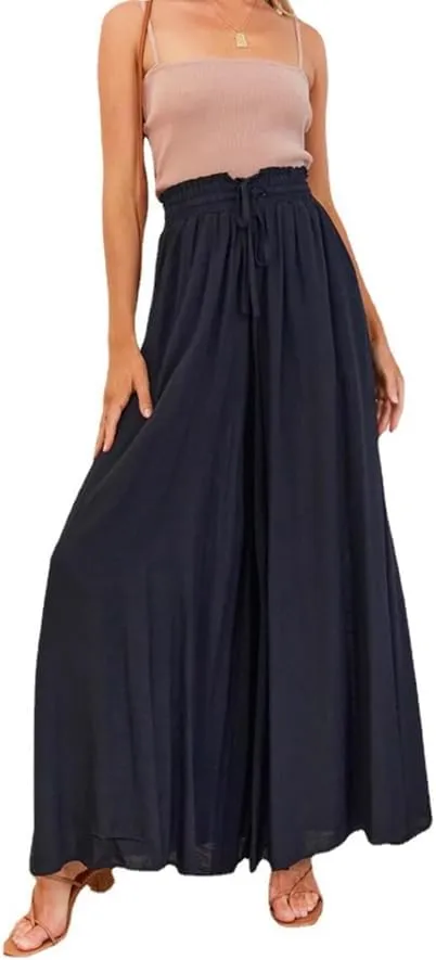 Women's Baggy Pants Flowy Casual Wide Leg Pants Elastic Drawstring High Waisted Skirt Pants Comfy Trousers