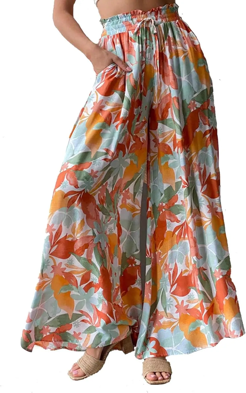 Women's Baggy Pants Flowy Casual Wide Leg Pants Elastic Drawstring High Waisted Skirt Pants Comfy Trousers