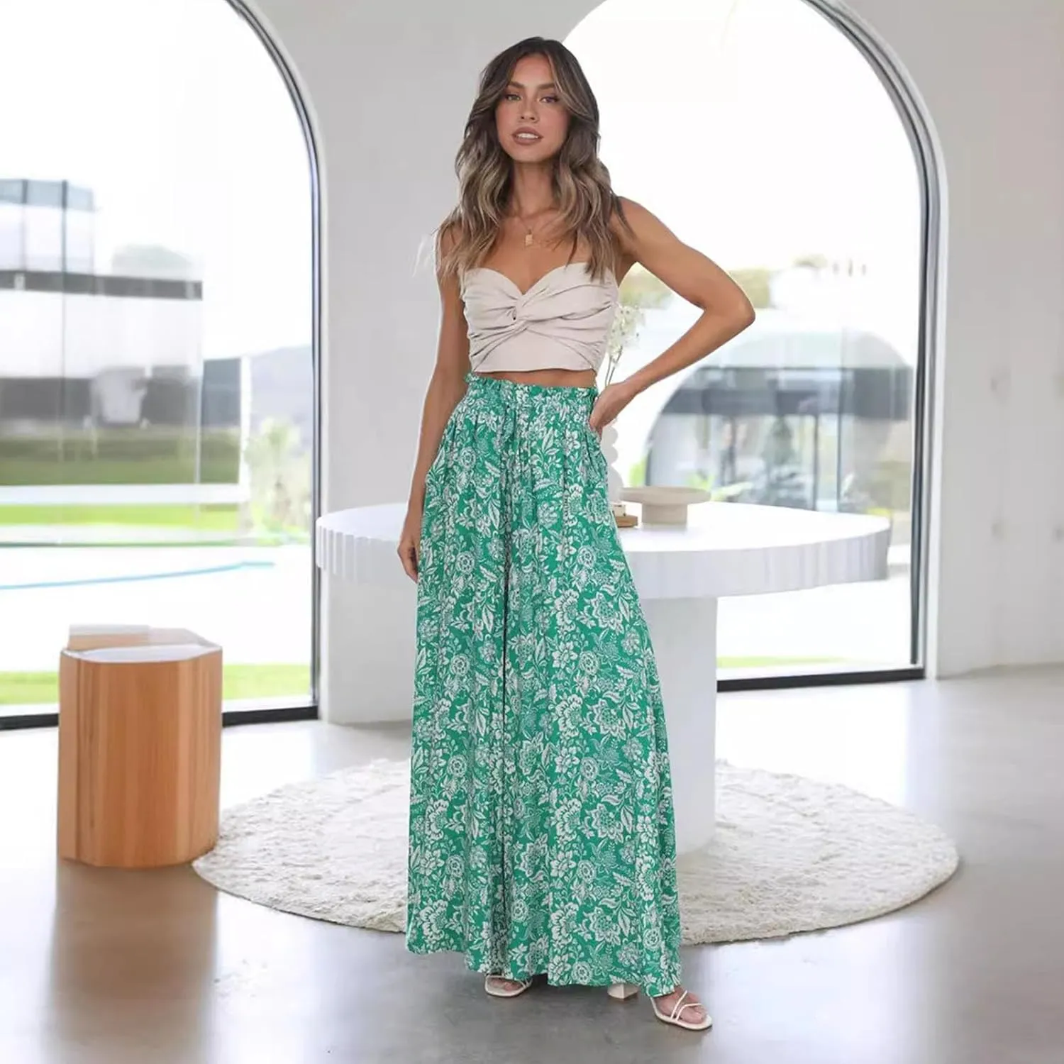 Women's Baggy Pants Flowy Casual Wide Leg Pants Elastic Drawstring High Waisted Skirt Pants Comfy Trousers
