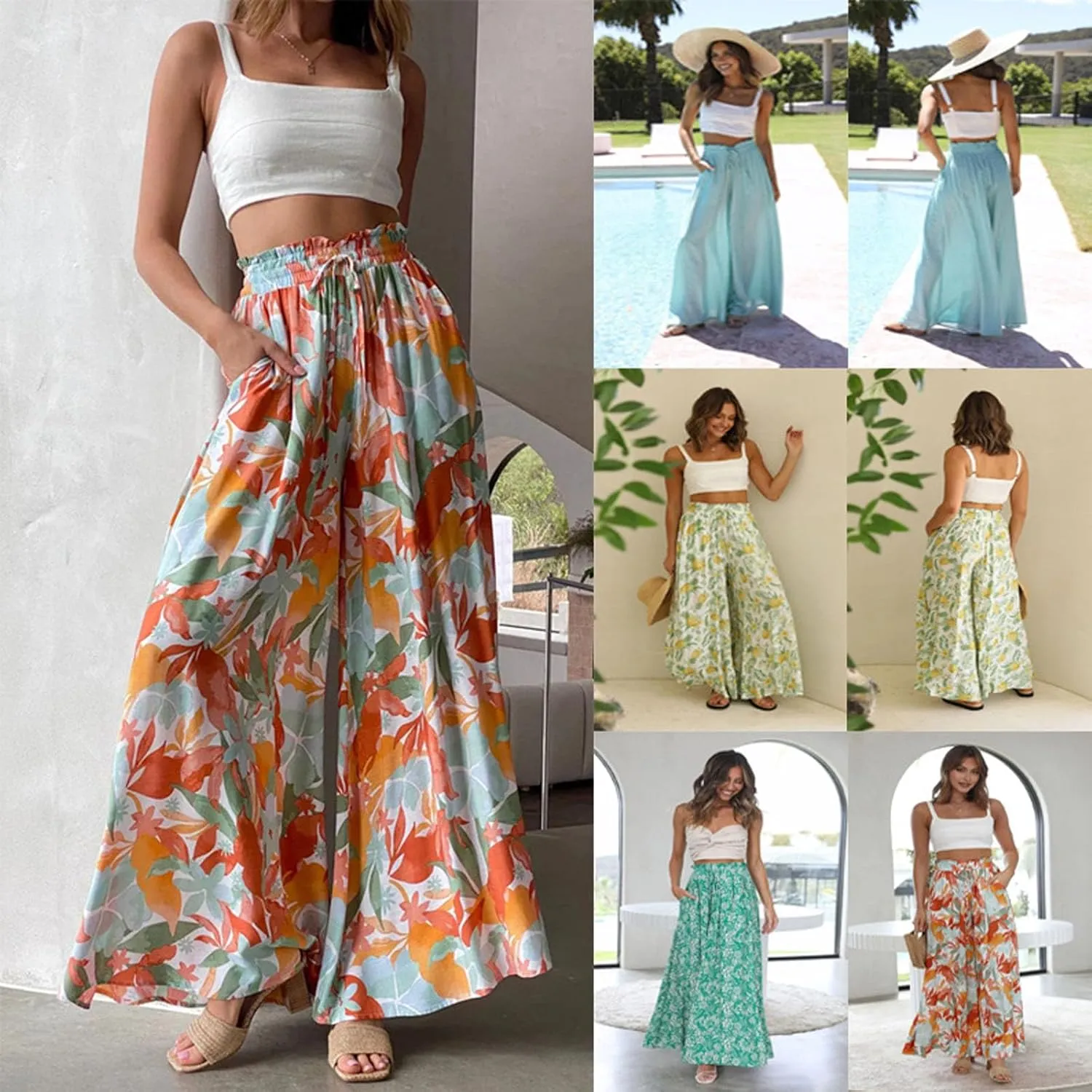 Women's Baggy Pants Flowy Casual Wide Leg Pants Elastic Drawstring High Waisted Skirt Pants Comfy Trousers