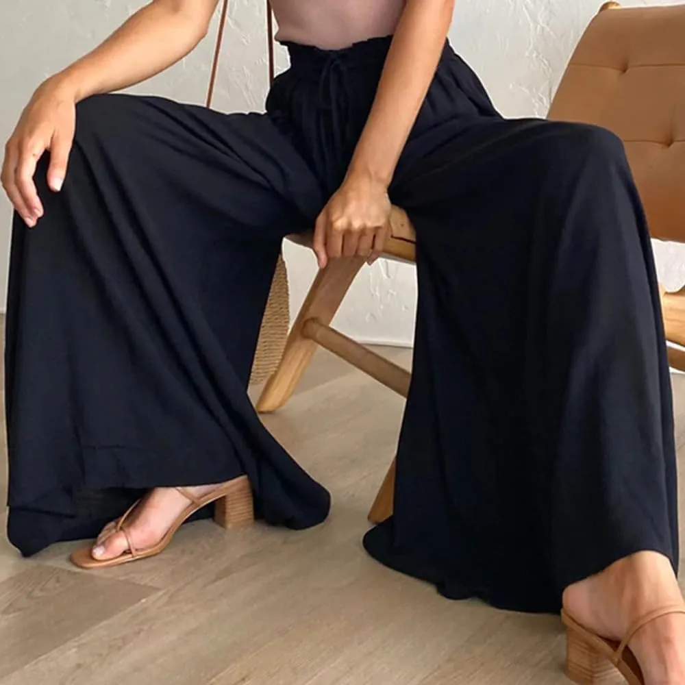 Women's Baggy Pants Flowy Casual Wide Leg Pants Elastic Drawstring High Waisted Skirt Pants Comfy Trousers