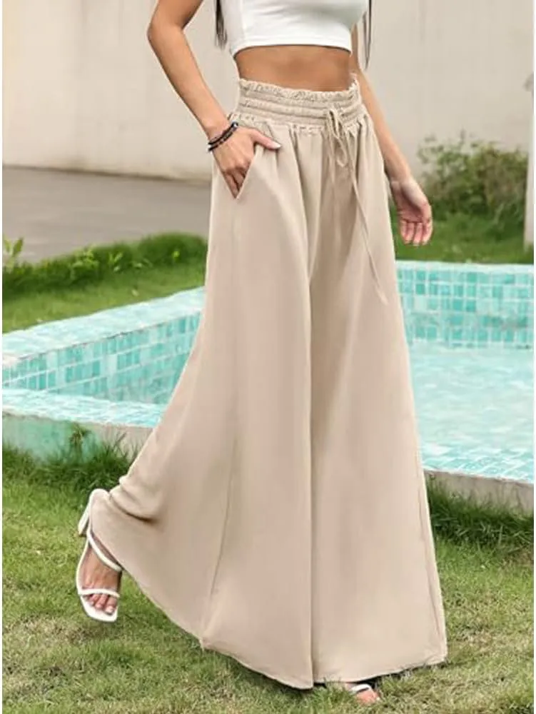 Women's Baggy Pants Flowy Casual Wide Leg Pants Elastic Drawstring High Waisted Skirt Pants Comfy Trousers