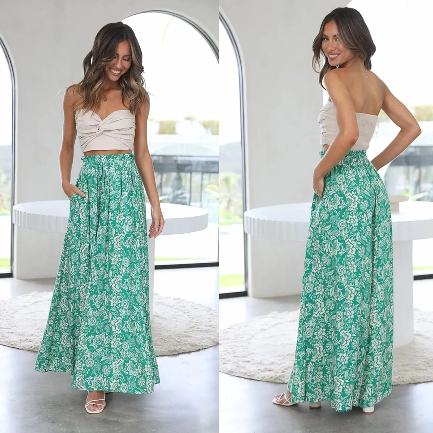 Women's Baggy Pants Flowy Casual Wide Leg Pants Elastic Drawstring High Waisted Skirt Pants Comfy Trousers