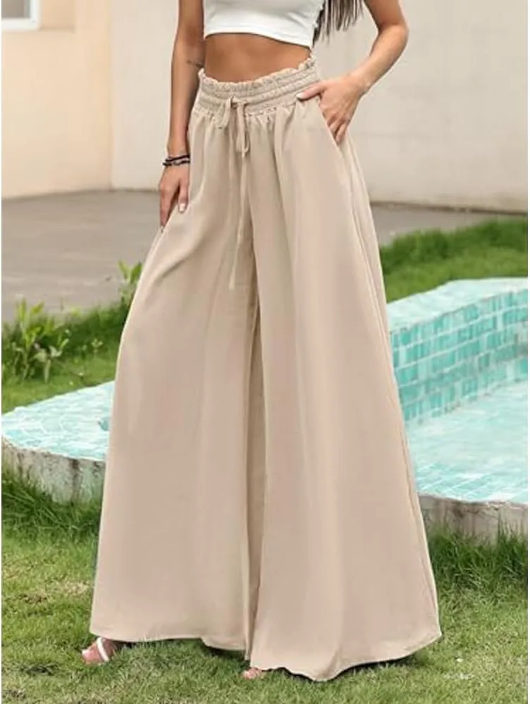 Women's Baggy Pants Flowy Casual Wide Leg Pants Elastic Drawstring High Waisted Skirt Pants Comfy Trousers