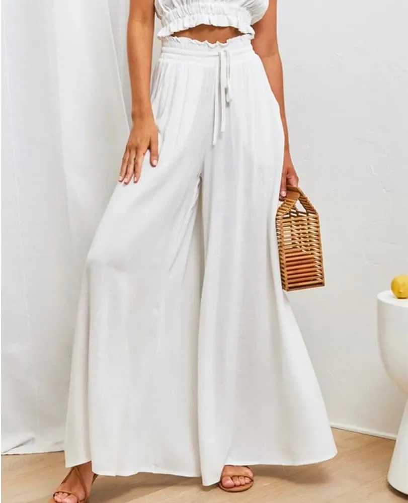 Women's Baggy Pants Flowy Casual Wide Leg Pants Elastic Drawstring High Waisted Skirt Pants Comfy Trousers