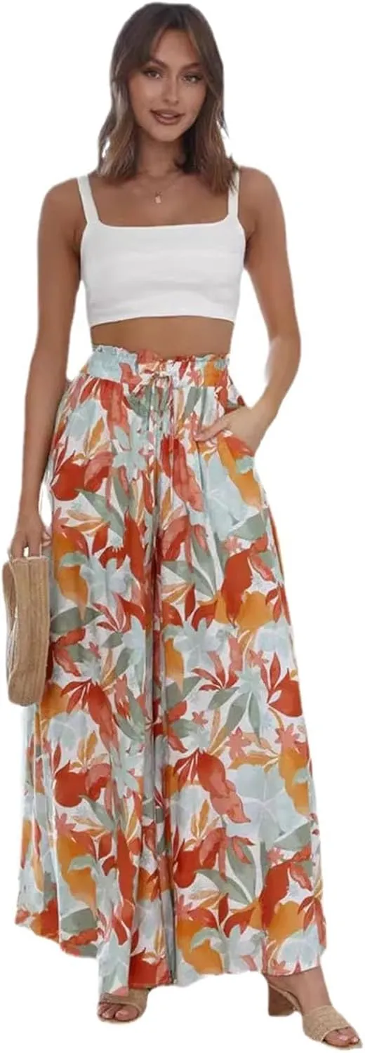 Women's Baggy Pants Flowy Casual Wide Leg Pants Elastic Drawstring High Waisted Skirt Pants Comfy Trousers