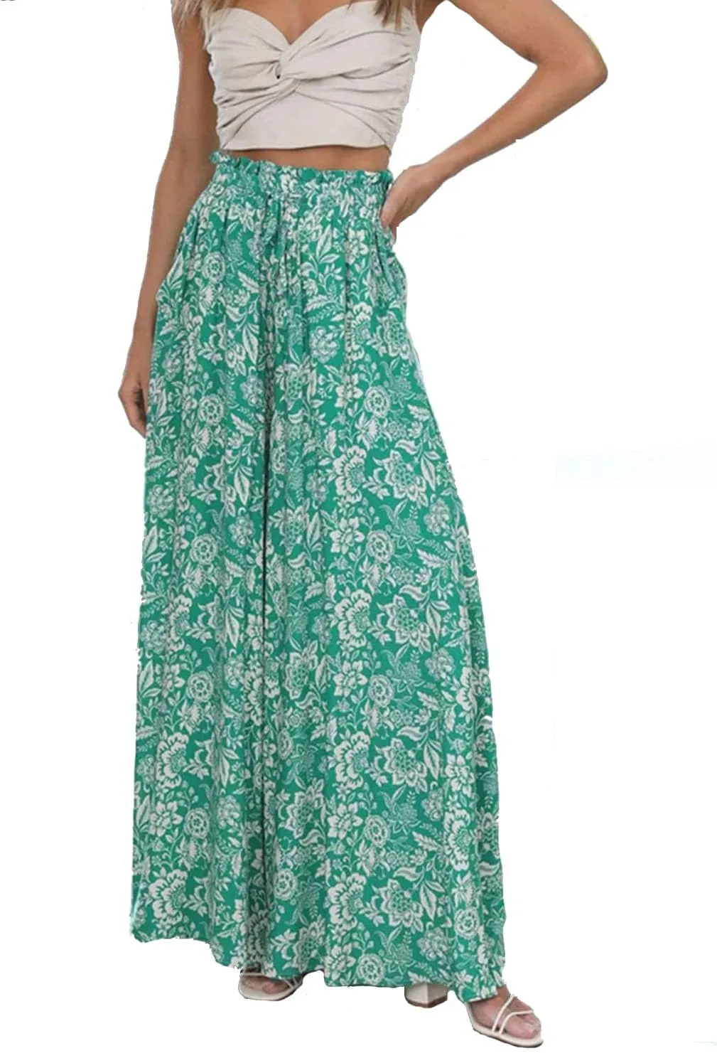 Women's Baggy Pants Flowy Casual Wide Leg Pants Elastic Drawstring High Waisted Skirt Pants Comfy Trousers