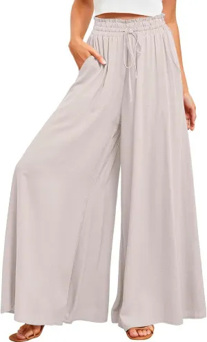 Women's Baggy Pants Flowy Casual Wide Leg Pants Elastic Drawstring High Waisted Skirt Pants Comfy Trousers