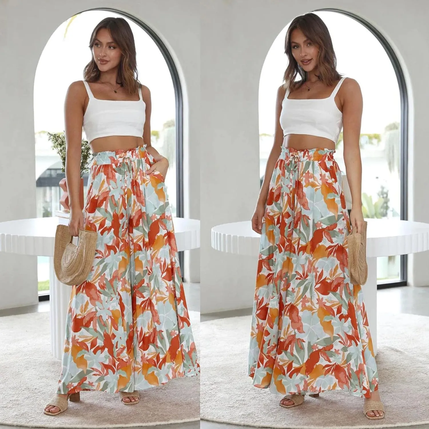 Women's Baggy Pants Flowy Casual Wide Leg Pants Elastic Drawstring High Waisted Skirt Pants Comfy Trousers