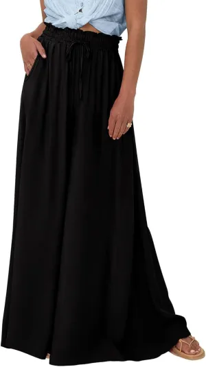 Women's Baggy Pants Flowy Casual Wide Leg Pants Elastic Drawstring High Waisted Skirt Pants Comfy Trousers