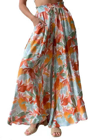 Women's Baggy Pants Flowy Casual Wide Leg Pants Elastic Drawstring High Waisted Skirt Pants Comfy Trousers