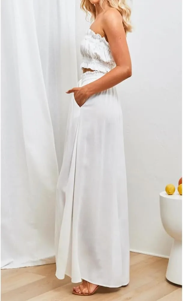 Women's Baggy Pants Flowy Casual Wide Leg Pants Elastic Drawstring High Waisted Skirt Pants Comfy Trousers