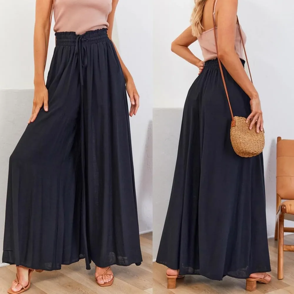 Women's Baggy Pants Flowy Casual Wide Leg Pants Elastic Drawstring High Waisted Skirt Pants Comfy Trousers