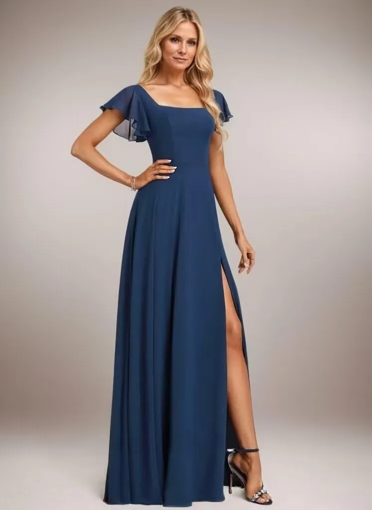 Women's Bridesmaid Dresses for Women with Sleeves Long Chiffon Formal Dress with Slit