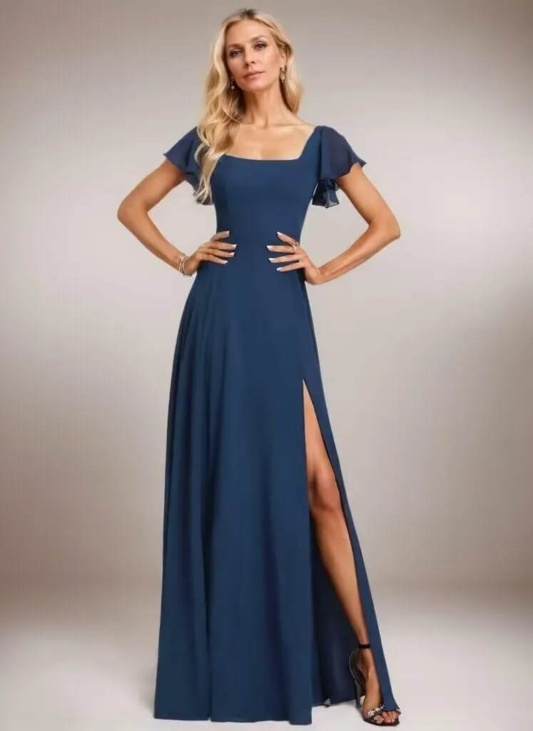 Women's Bridesmaid Dresses for Women with Sleeves Long Chiffon Formal Dress with Slit