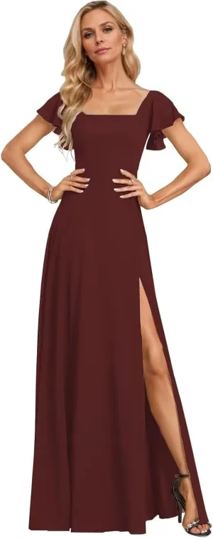 Women's Bridesmaid Dresses for Women with Sleeves Long Chiffon Formal Dress with Slit