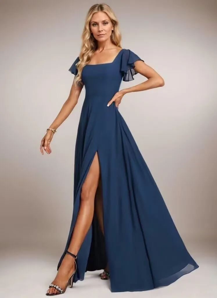 Women's Bridesmaid Dresses for Women with Sleeves Long Chiffon Formal Dress with Slit