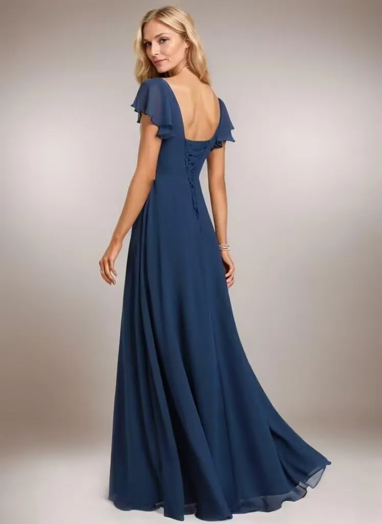 Women's Bridesmaid Dresses for Women with Sleeves Long Chiffon Formal Dress with Slit