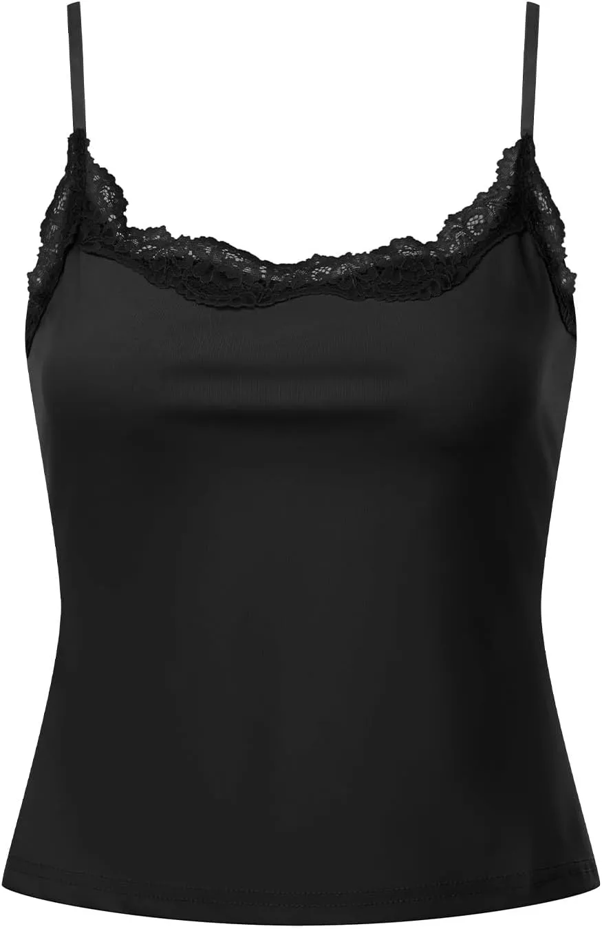 Women's Cami Tops Spaghetti Strap Sleeveless Lace Trim Solid Color Slim Fit Camisole Summer Tops